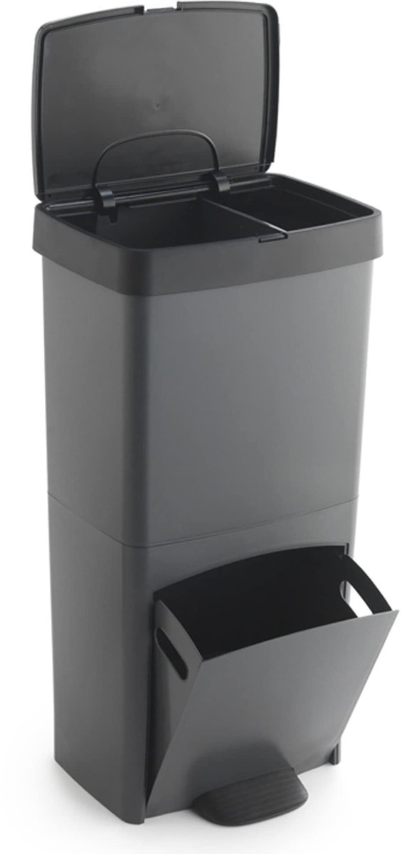 SnelShoppen - Afvalemmer 70L Verticaal met 2 Vakken - Grijze Afvalbak voor Keuken en Tuin - Compact en Ruimtebesparend Design