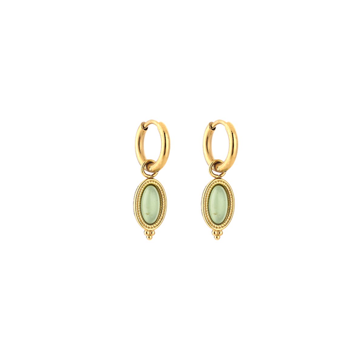 Stainless Steel Boho Oval Natural Stone Charm Hoops – Luxe Boho Natuursteen Oorringen – RVS - Licht Groen