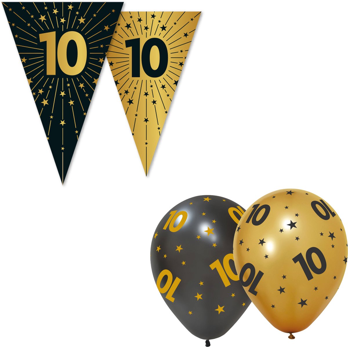 Black & Golden Celebrations Feestpakket XL - 10 Jaar - Versiering Set met 3x Vlaggenlijn en 6x Ballonnen - Zwart & Goud