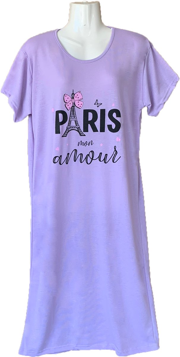 Big Shirt Dames Nachthemd Katoen Driekwart - Kleur Paars met Parijs Eiffeltoren Print - Maat XXL
