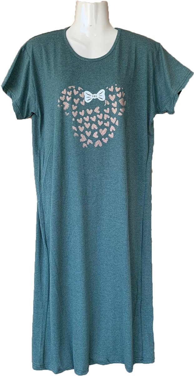 Big Shirt Dames Nachthemd Katoen Driekwart - Kleur Groen met Hartjes Print - Maat L