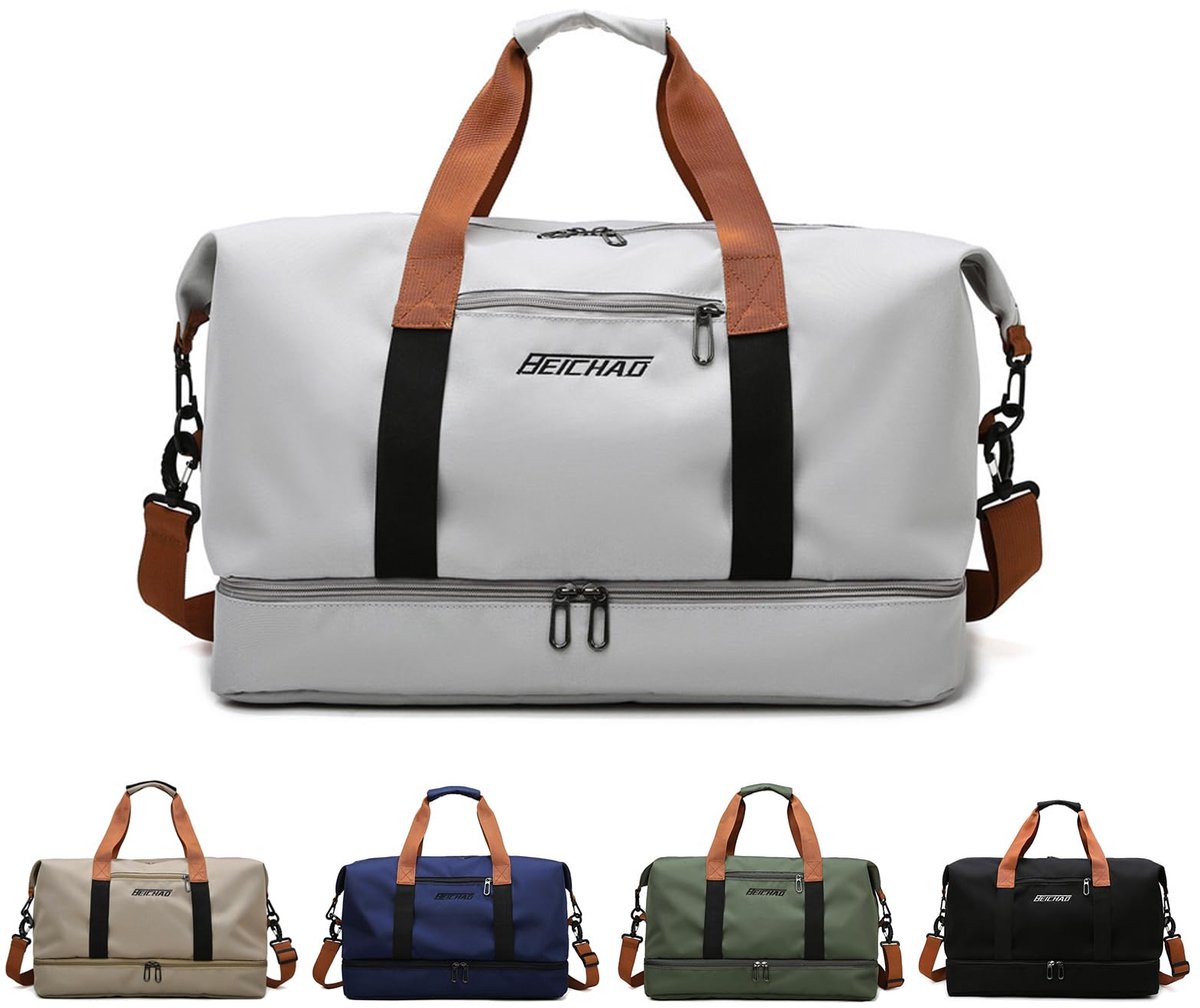 SnelShoppen - Sporttas en Reistas voor Dames en Heren, Waterdichte Weekendtas met Schoenenvak en Nat Vak, Gymtas, Duffeltas, Grijs, 46x15x28 cm, Perfe