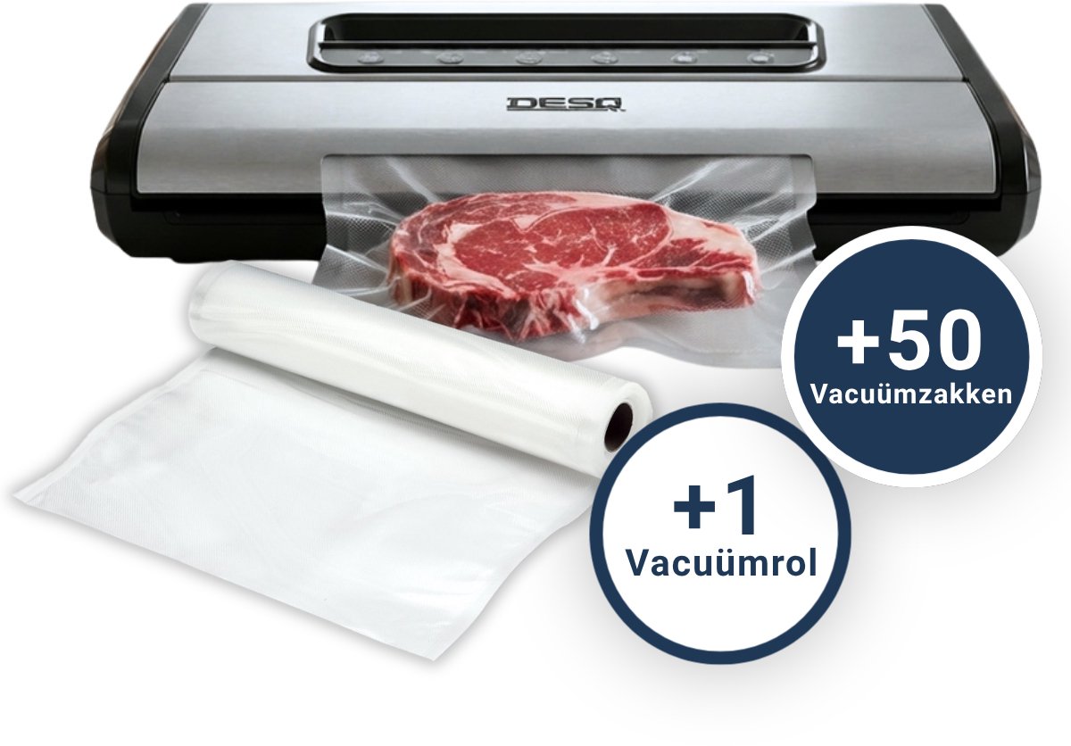 Bol.com DESQ® 8090 Premium RVS Vacuümmachine - Vacumeerapparaat - Set met 50 Vacuümzakken + Vacuümrol - Dubbele Pomp - 7 Program... aanbieding