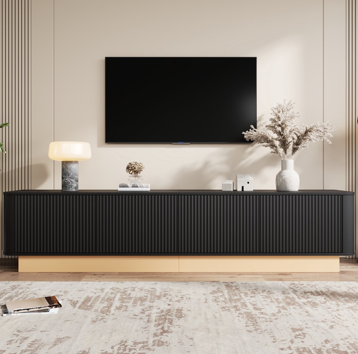 MODENUIT Tv-meubel - Geribbelde 4-Deurs Opbergkast - Voor Woonkamer - MDF Zwart - 200 x 40 x 47,5 cm