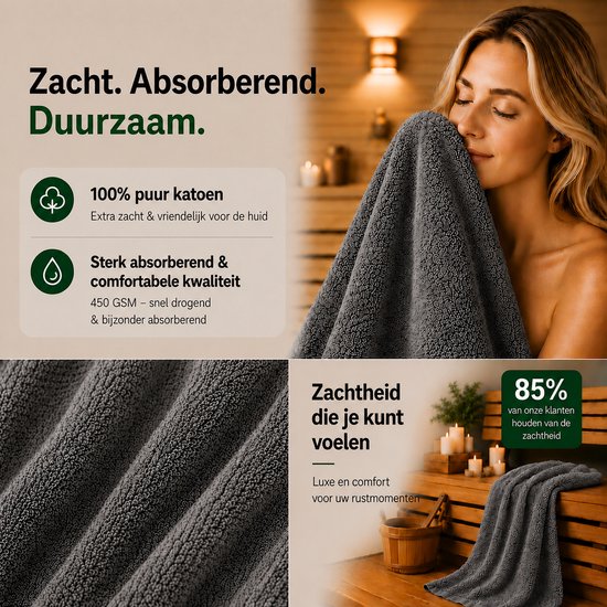 Vrouw houdt een zachte, absorberende donkergrijze handdoek tegen haar gezicht. Een close-up toont de textuur.