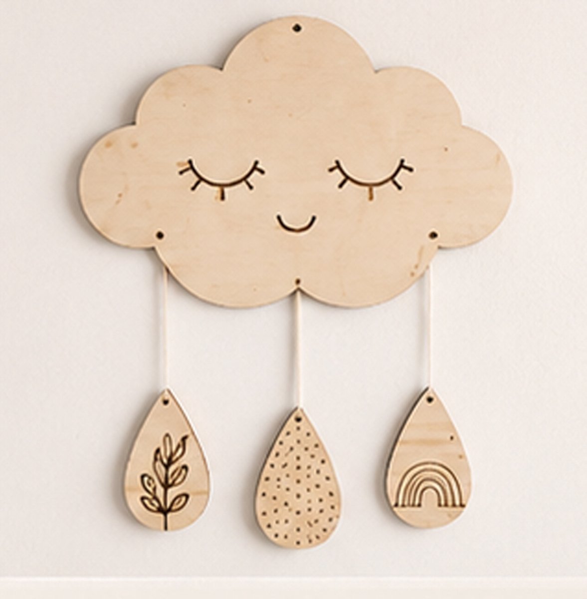 Houten Wolk met Regenboog | Wanddecoratie Babykamer | Boho Nursery Wall Decor | Babykamer Accessoires | Berkenhout