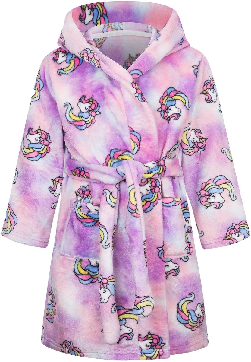 SnelShoppen - Meisjes Badjassen Eenhoorn Regenboog Capuchon Roze Flanellen Kinderbadjas Lichtgewicht Pyjama Nachtkleding Dierenpatroon voor Kids 7-8 j