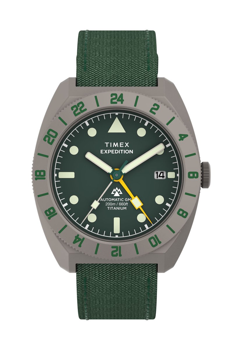 Timex Expedition Pioneer Gmt Mechanisch Automatisch Horloge Groen En Zilverkleurig Kast Gemaakt Van 100% Titanium En Een Armband Van 100% Nylon 41 TW2Y63400AJ
