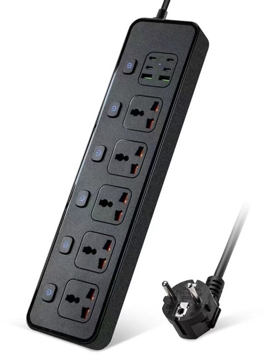 TYPE-C USB-oplaadstopcontact, met onafhankelijke schakelaar, uitbreidingsstopcontact, stekkerdoos met USB-poorten, zwart