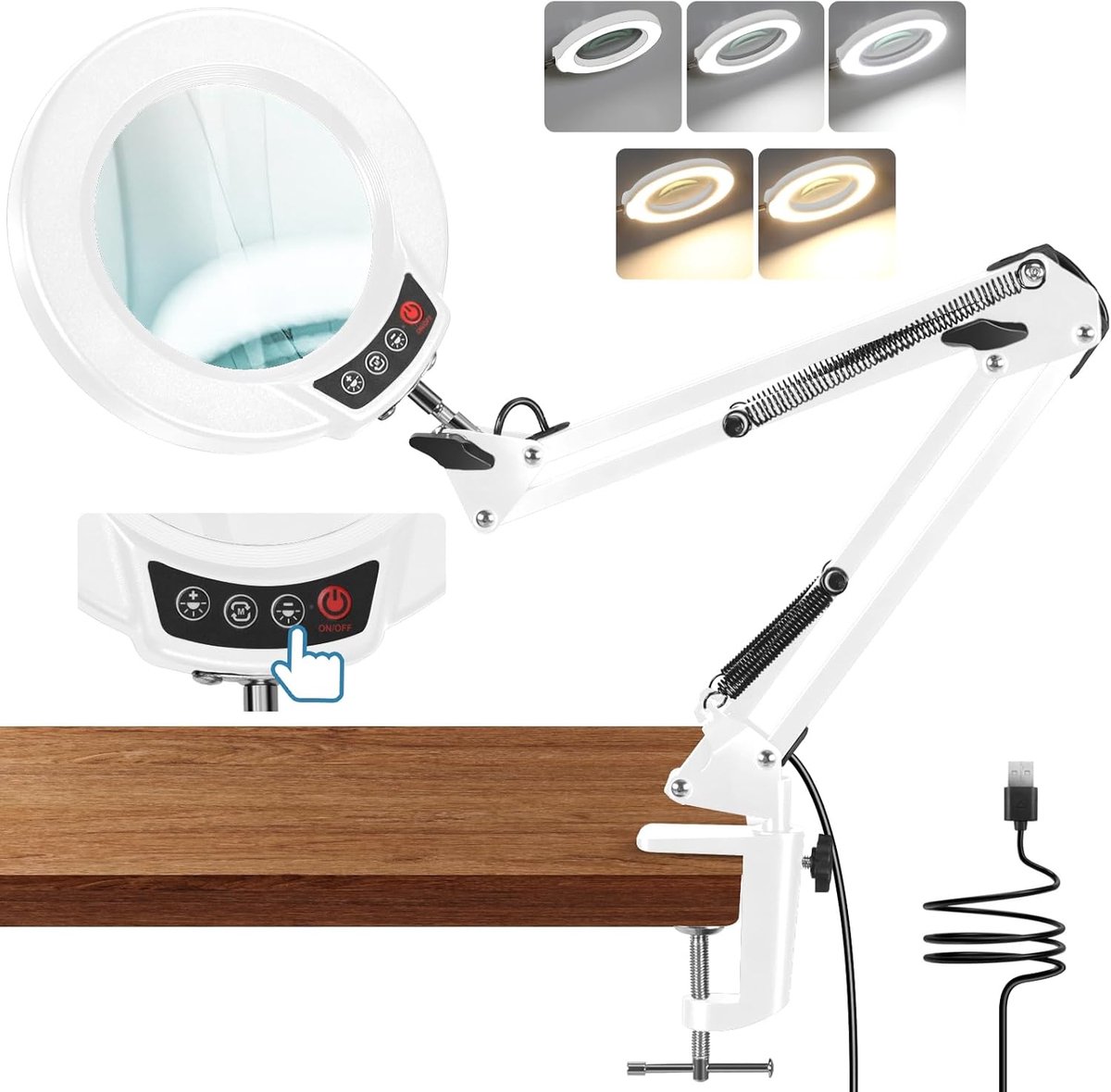 Vergrootglas met licht en klem - 10x vergroting - LED-vergrootlamp met 5 kleurmodi - Handsfree leesloep voor senioren - ShopVlot