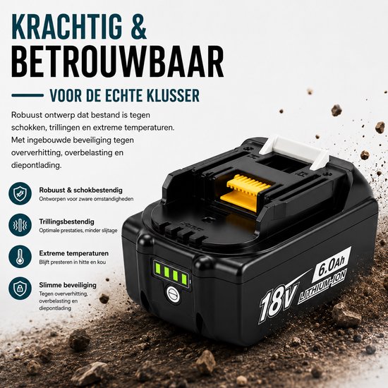 Zwarte 18V 6.0Ah accu met vier groene LED's, robuust en schokbestendig.