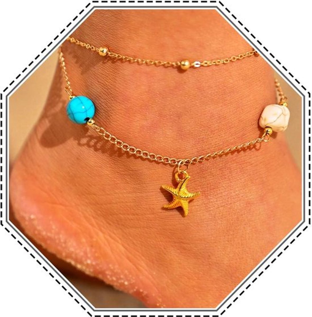Boho Enkelkettingen - Turkoois - Gelaagde Sterrenvissen - Verstelbaar - Strand Sieraden - 3 stuks voor Vrouwen en Meisjes