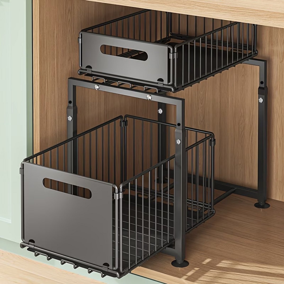 2-laags uittrekbare keuken opbergrek onder kast, zwarte metalen draadmand lade organizer, schuifbare opbergbak voor keukenkast, voor potten pannen voorraad, onderaanrecht opbergoplossing voor keuken en badkamer opruiming — cadeau in Cadeau-ideeën - foto 4