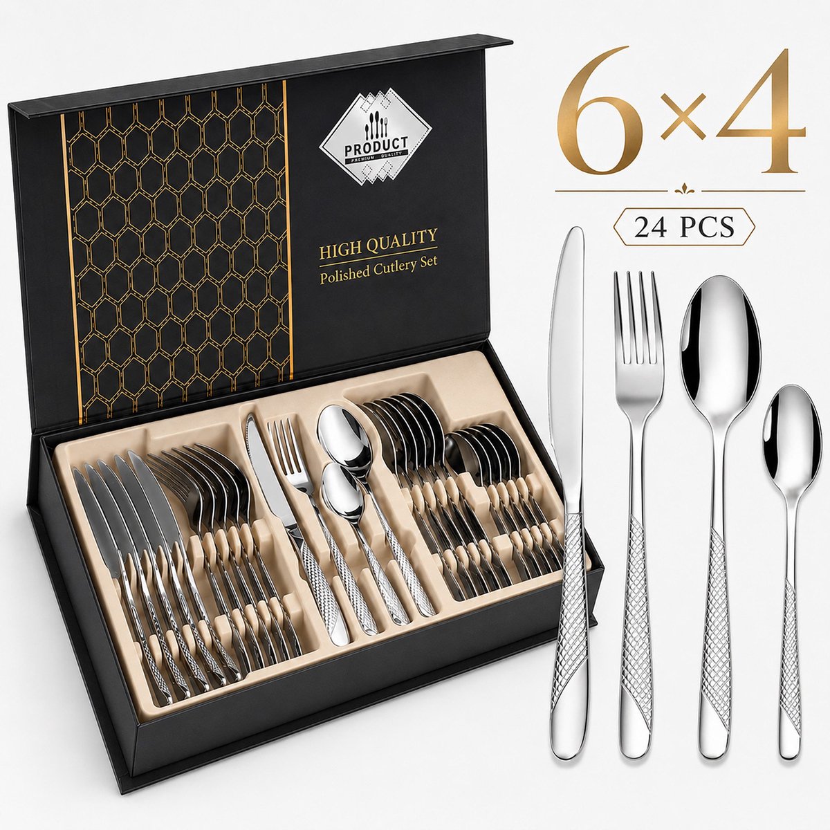Bestekset 24-delig van roestvrij staal voor 6 personen, modern zilverkleurig bestek met messen, vorken, lepels & theelepels, vaatwasmachinebestendig, geschenkdoos