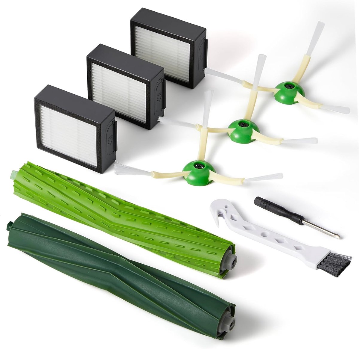 Vervangingsonderdelen en accessoires Geschikt voor iRobot E-, I- en J-serie, Combo i5- en j5-serie robotstofzuigers, waaronder dubbele multifunctionele rubberen rolborstels, 3 HEPA-filters en 3 zijborstels.