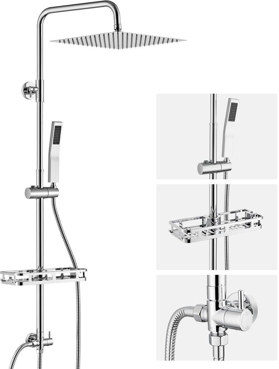 DERW Max Douchesysteem - XXL Ø 30 cm Regendouche - RVS Douche Set - Met Plankje - Verstelbare Hoogte 72-110 cm - Chroom