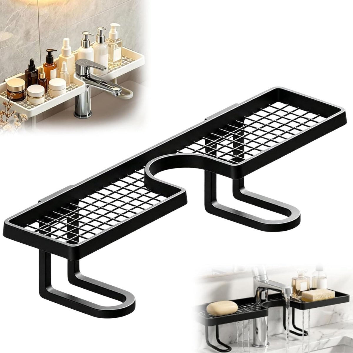 VHV - Gootsteen organizer - Kraan opberger - Gootsteenrekje - U-vormig - Zonder boren - Vrijstaand - Achter de kraan - Voor keuken en badkamer - 42*9*9CM - Zwart