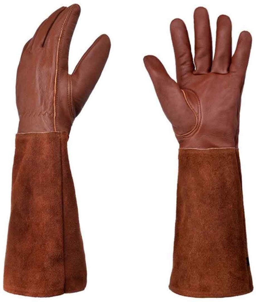 GELLDG Unisex tuinhandschoenen - 1 paar - Punctiebestendig rundleer - Geschikt voor het snoeien van rozen en bramen - Lange onderarmbescherming - Punctie- en snijbestendig - Wordt geleverd met lange, dikke leren handschoenen - Koffiebruin