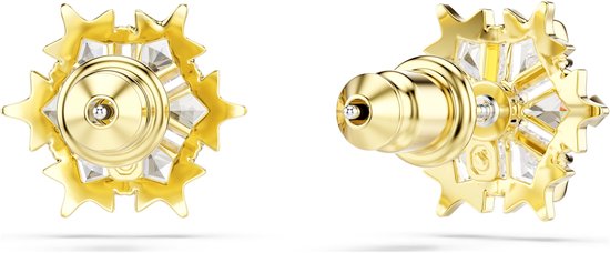Twee gouden oorbellen in ster-vorm met kristallen, met zicht op voor- en zijkant.