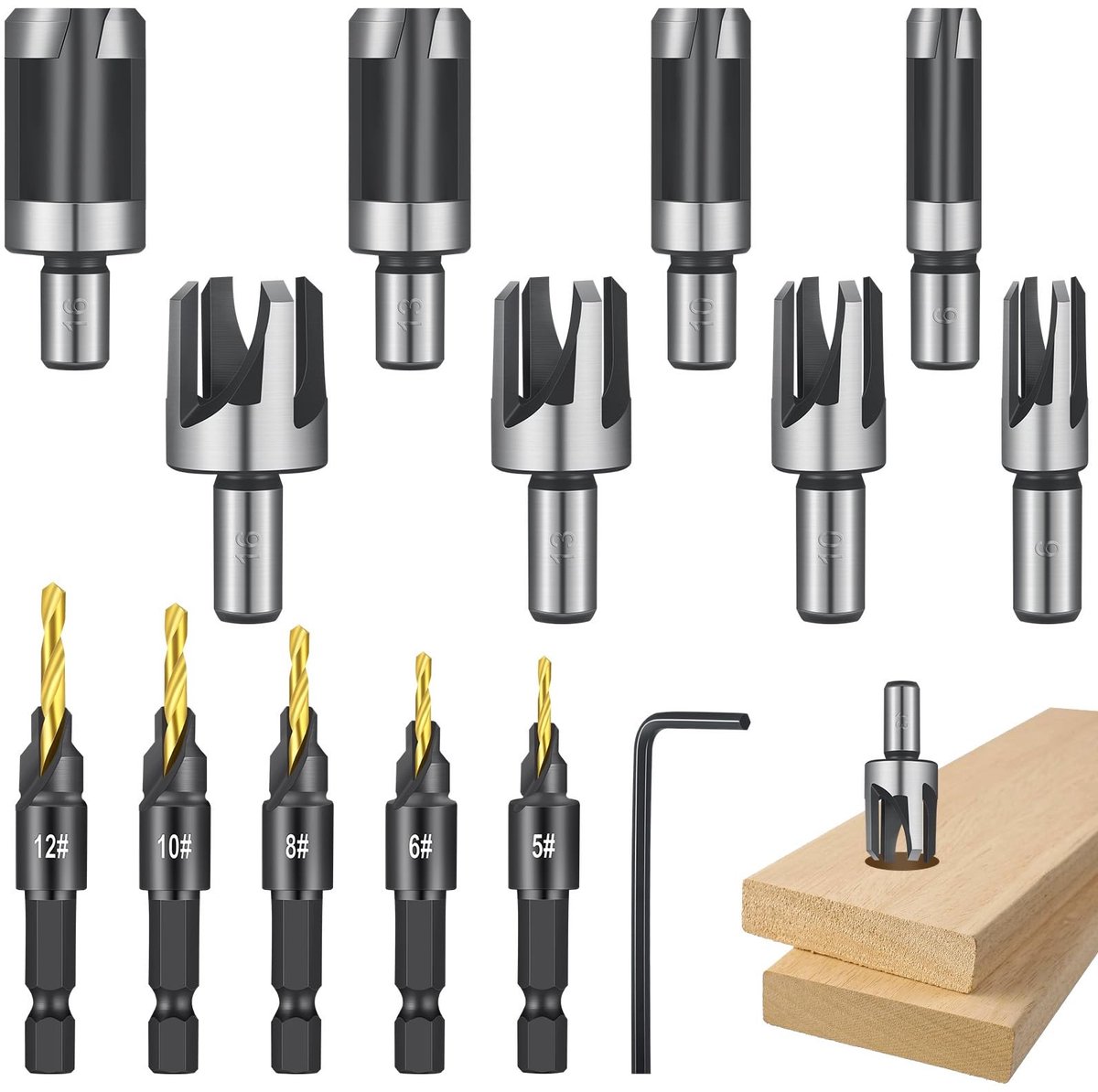 Dailygoods- Frezen 14-delige set - Verzinkboren - Gatenfrezen - Houtboren - Pluggensnijders - Staal met hoog koolstofgehalte - Boorset