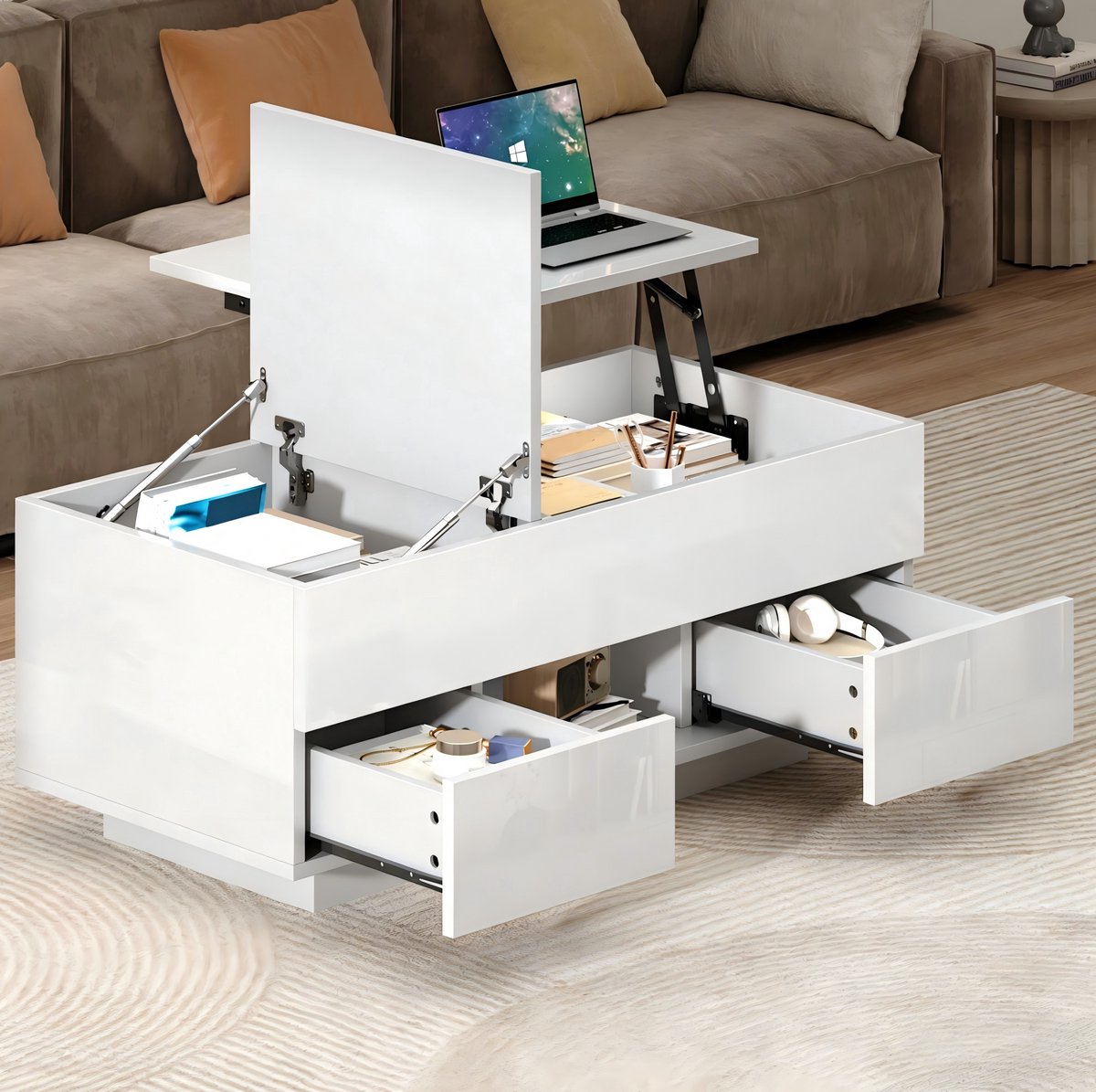 DESMIU Salontafel - Verstelbare Hoogglans Met Led En Opbergruimte - Voor Woonkamer En Kleine Ruimtes - Spaanplaat - Wit - 100x45x43 Cm
