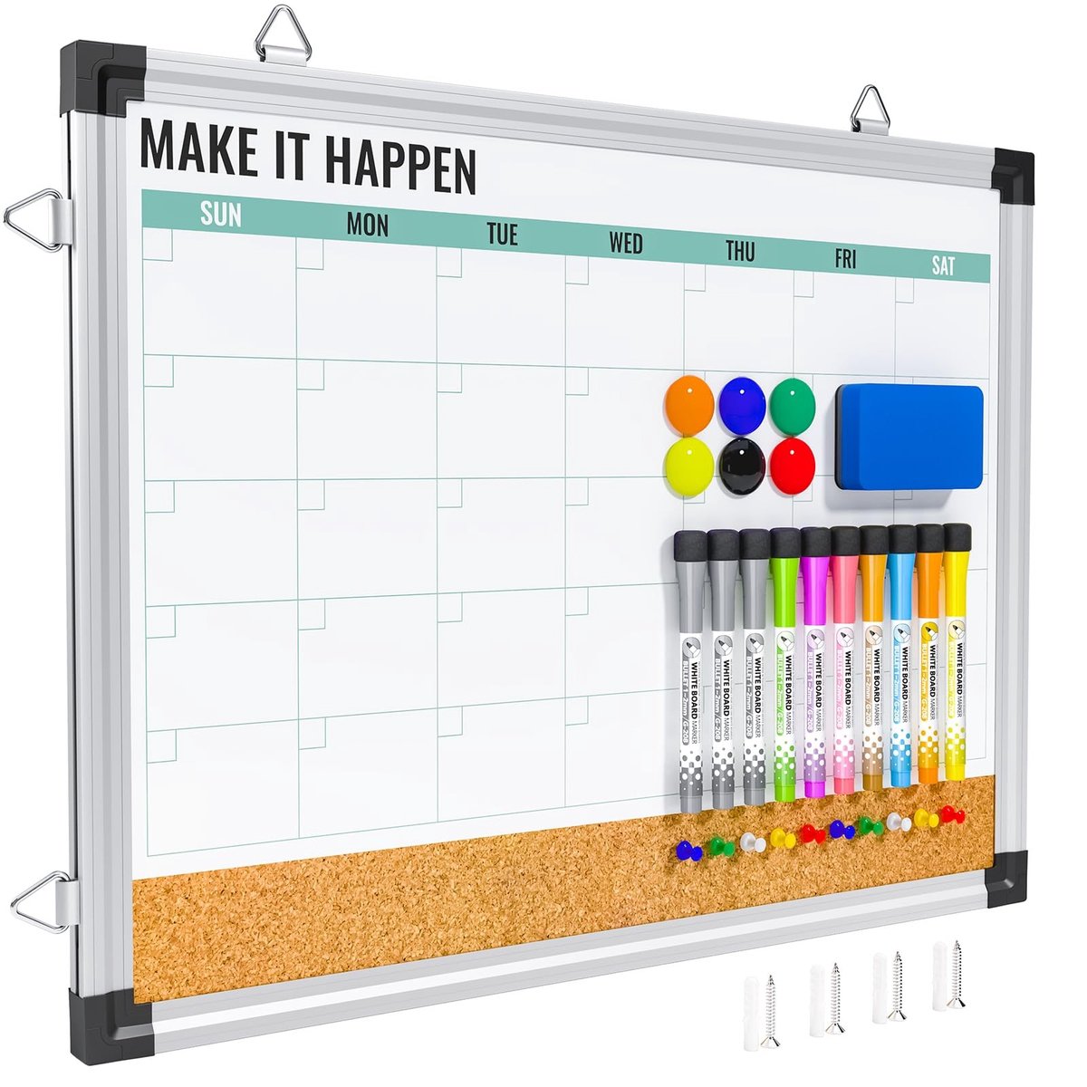 Dailygoods- Kalender 2026 Maandplanner - Whiteboard/Kurkbord Combo - Omkeerbaar 17"x13" - Dubbelzijdig - Aluminium Frame - Voor Kantoor/Keuken/Thuis - Planningsbord