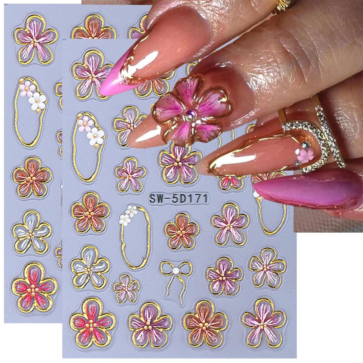 Dailygoods- Nagelstickers Bloemen - 2 Velletjes Nagelkunststickers - 5D Reliëf - Zelfklevend - Geschikt voor Natuurlijke/Acryl Nagels - Elegante Visuele Indruk - Nagelkunst