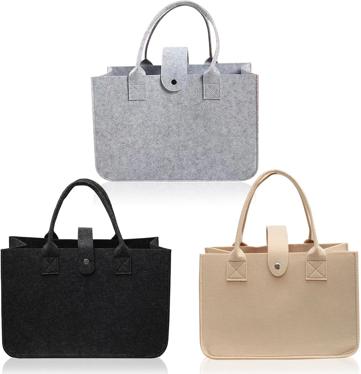 Dailygoods- Vilten Tas - 3 Stuks - Opvouwbaar - Shopper - Versterkte Handgrepen - Robuuste Boodschappenmand - 30 x 20 x 18 cm - Boodschappentas