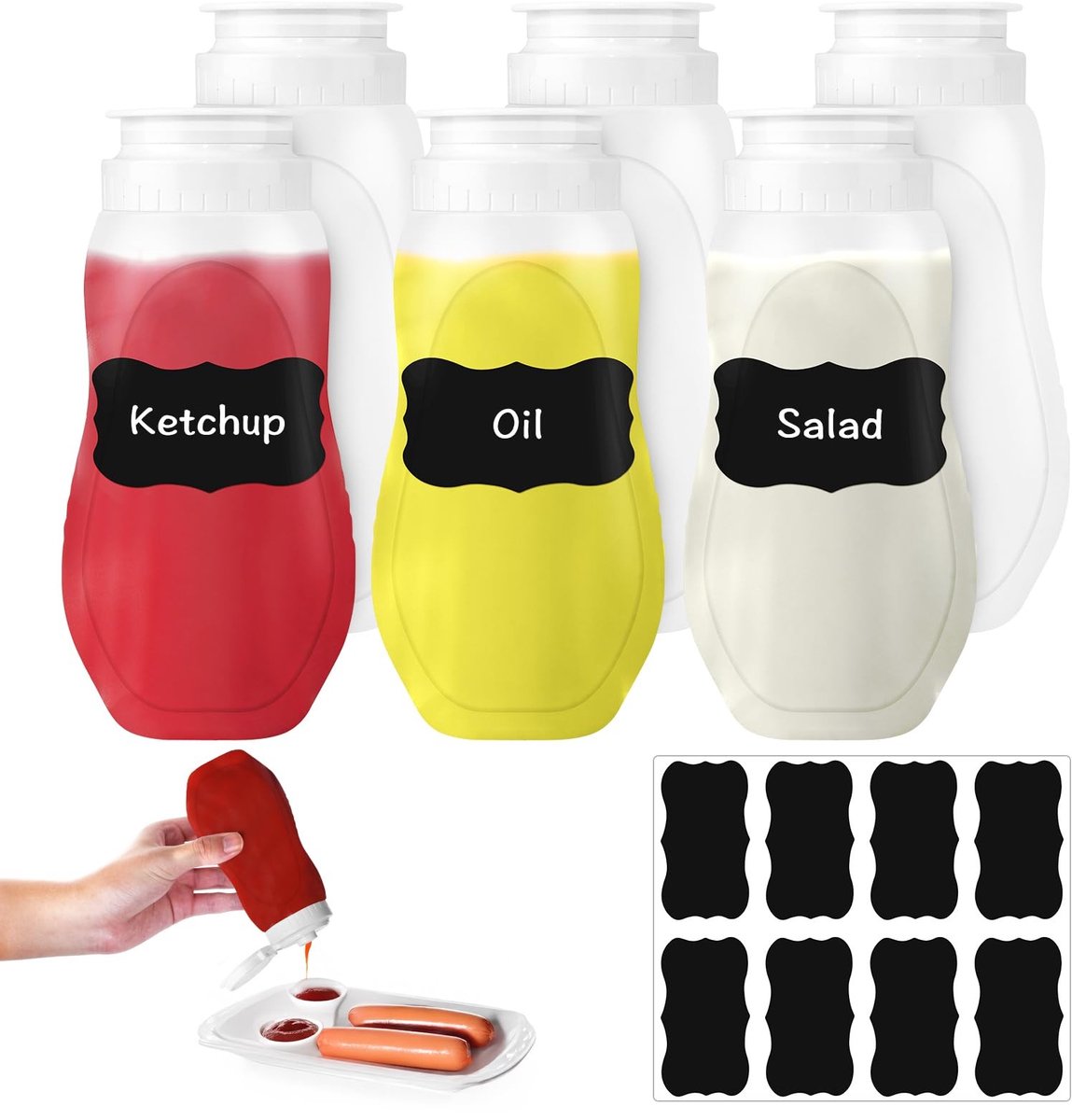 Dailygoods- Squeeze Flessen Set van 6 - 11 oz Herbruikbaar - Breed Mond - Lekvrij - Stofdicht - Transparant Materiaal - Ideaal voor Sauzen - Sauzenflessen
