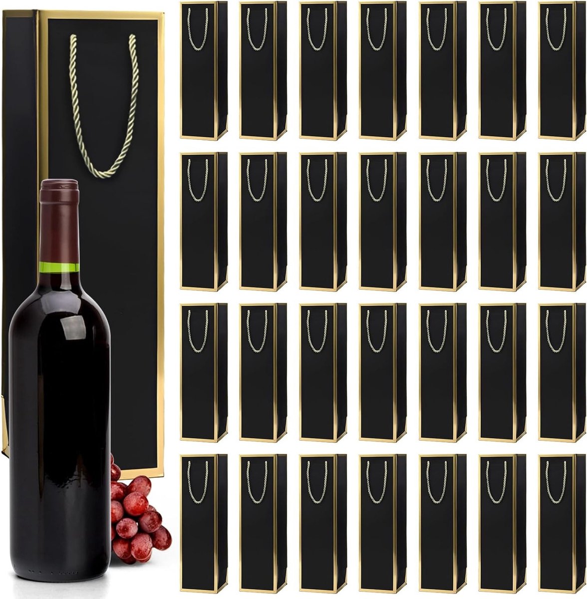 Set van 30 Kraft Papieren Cadeautassen voor Flessen - 9.5 x 9 x 35 cm - Ideaal voor Wijn, Feestjes en Bruiloften - Zwart met Gouden Decoratie