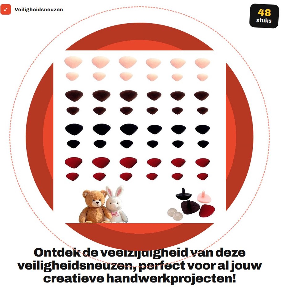 Dailygoods- Veiligheidsneuzen 48 Stuks - Kunststof Neuzen - Flocking - 4 Maten - Sluitringen - Voor Pluche Poppen - Knuffelneuzen