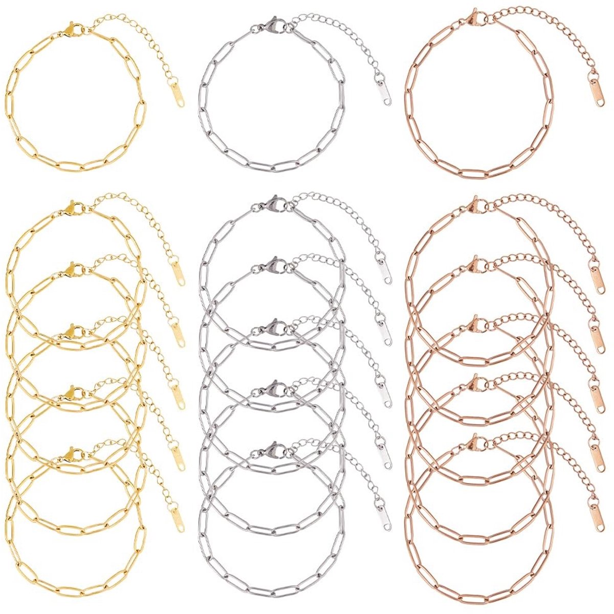 Dailygoods- Kettingarmband 18 stuks - Roestvrij Stalen Paperclip Armbanden - Verstelbare Kreeftsluitingen - Gemengde Kleuren - Retro Ontwerp - Sieraad