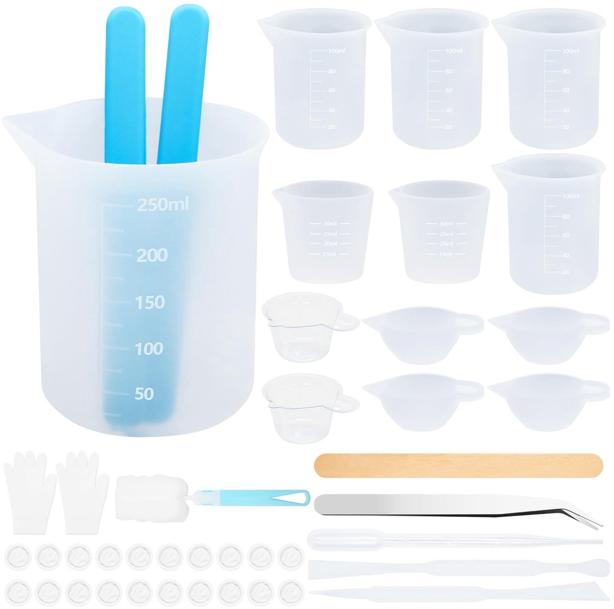 Dailygoods- Maatbeker Set 30/100/250ml - Siliconen Maatbeker - Roerstaafjes - Gieten - DIY - Corrosiebestendig - Gietbeker