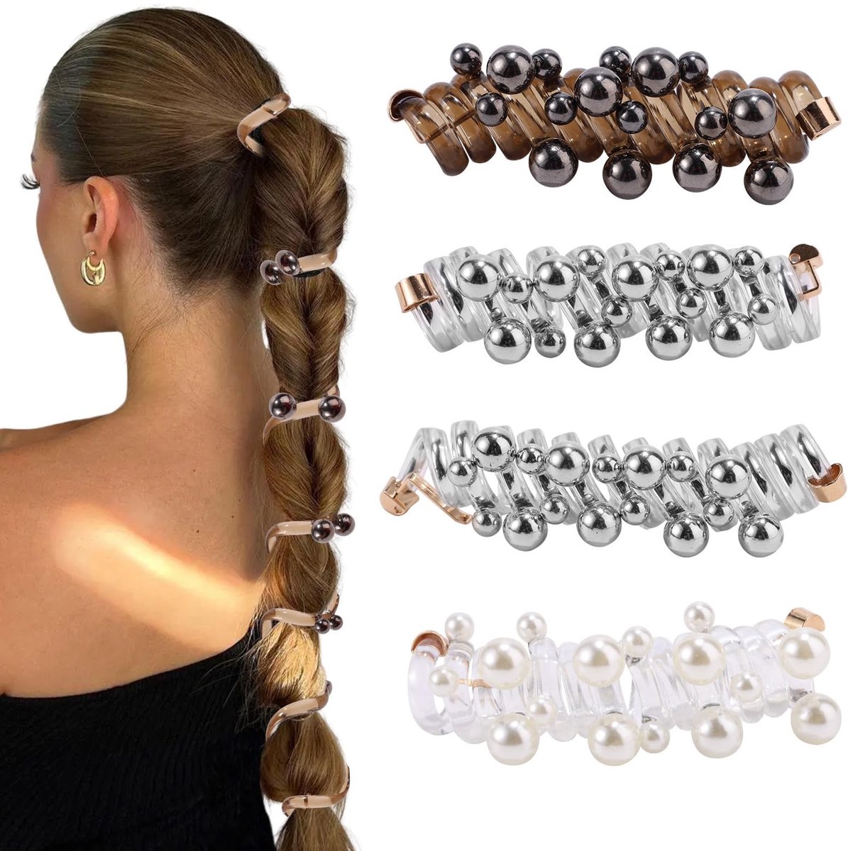 Dailygoods- Haarelastiekjes 4 Stuks - Elastische Spiraalvormige Haarbanden - Geen Schade - Parelversiering - 8,5 cm - Voor Vrouwen - Haarband