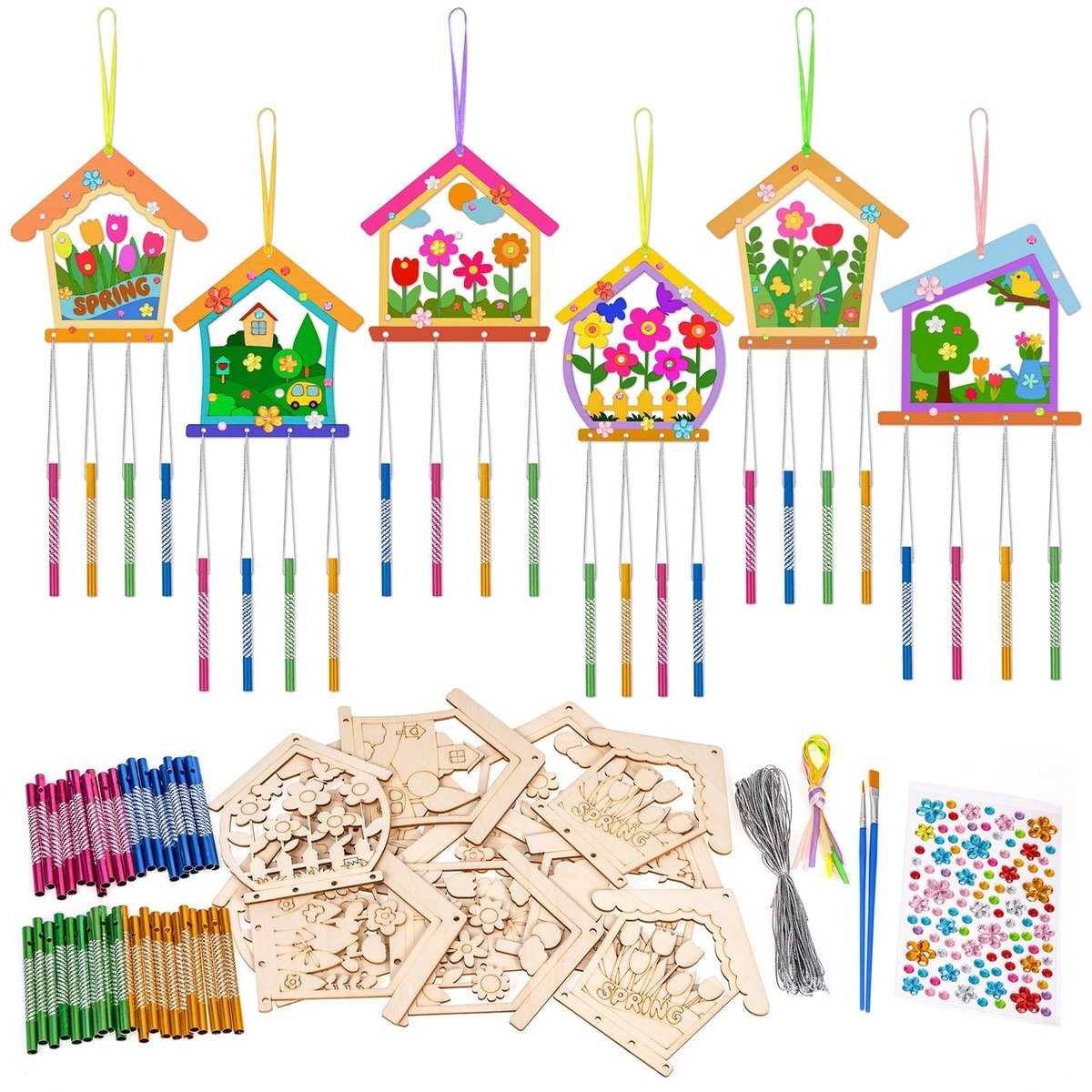 Dailygoods - 12 Stuks Houten Windgong Kit - DIY Set voor Kinderen - Creatieve Tuindecoratie