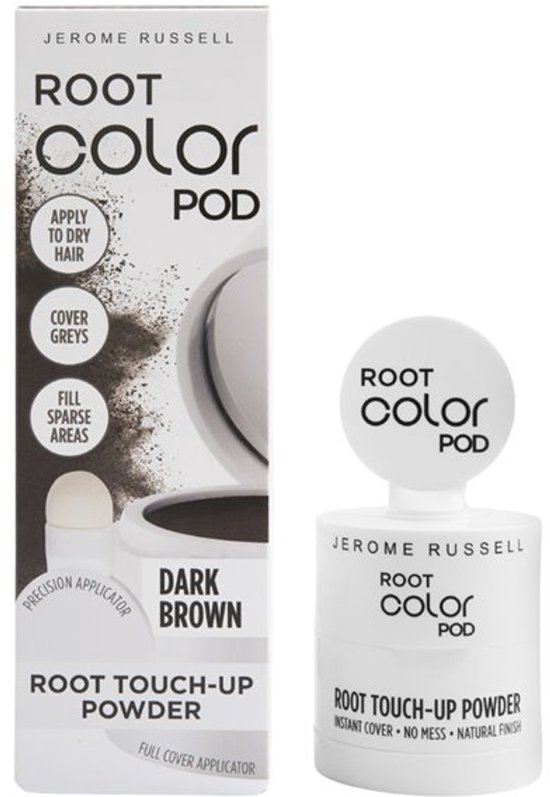 Jerome Russell Root Color Pod Dark Brown uitgroei poeder met precisie applicator.