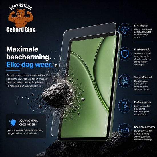 Tablet die wordt geraakt door een steen, met een "Gerhard Glas" screenprotector. Maximale bescherming.