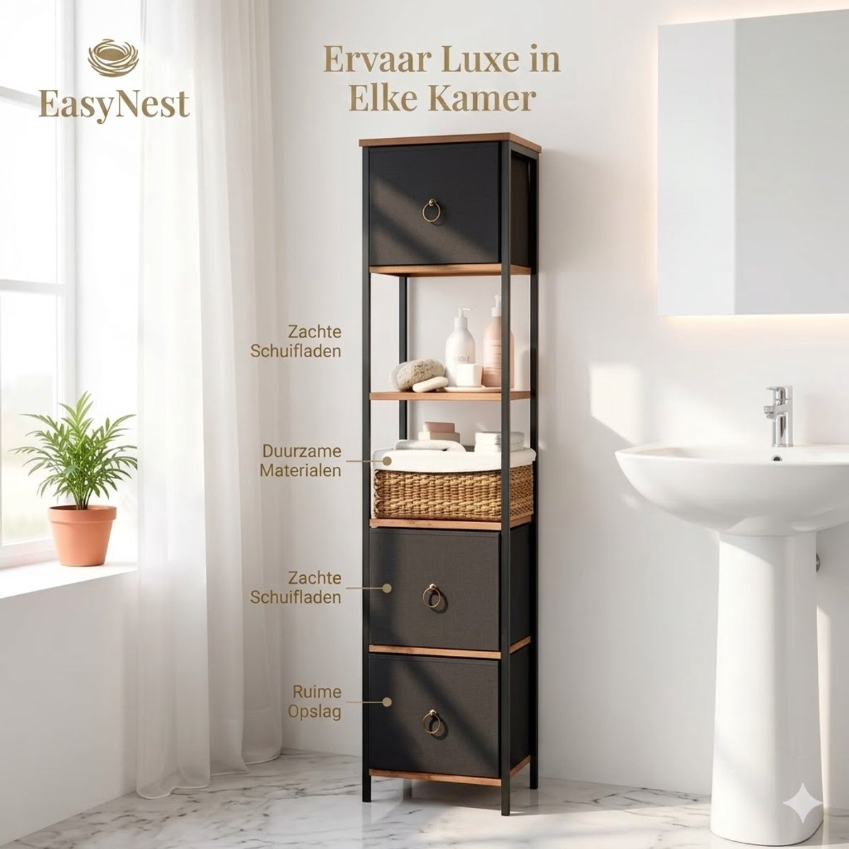 Badkamerkast met 3 Stoffen Lades – Vrijstaande Opbergkast met Open Planken – Smalle Hoge Kast voor Badkamer, Woonkamer of Hal – Vintage Bruin/Zwart