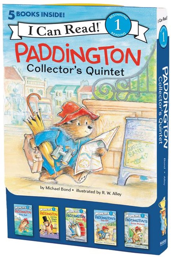 De Collector's Quintet van Paddington, met 5 boeken. Paddington leest een krant op straat met de Londense gebouwen op de achtergrond.