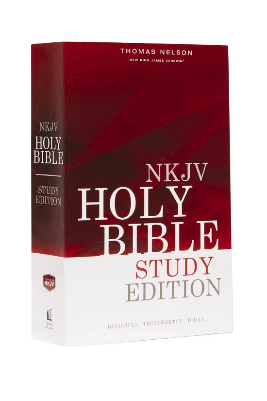 Bible NKJV édition d'étude Thomas Nelson, rouge et blanc.