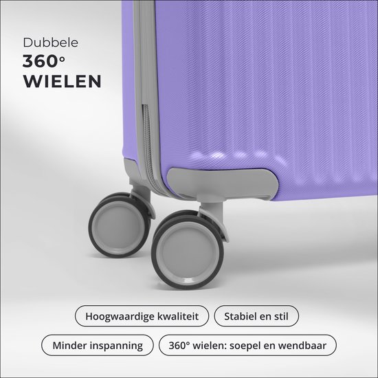 Close-up van dubbele, lichtpaarse kofferwielen. Tekst: Dubbele 360° wielen, Hoogwaardige kwaliteit, Stabiel en stil, Minder inspanning, 360° wielen: soepel en wendbaar.