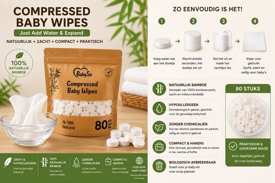 Verpakking van 80 BabySo gecomprimeerde babydoekjes van 100% bamboe, gewoon water toevoegen om uit te vouwen.