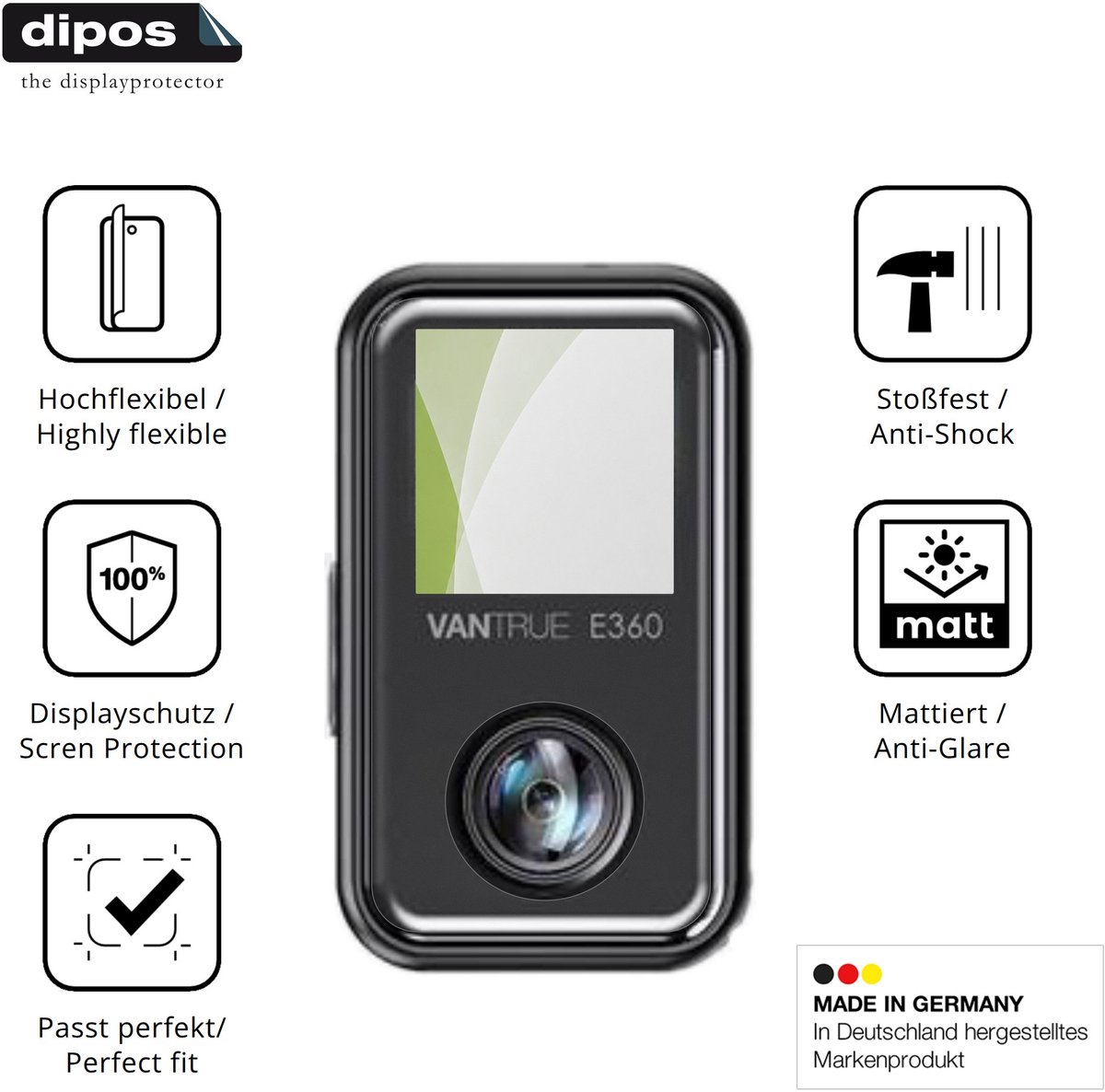 dipos FLEX – 2x Matte Screenprotector geschikt voor Vantrue E360 Ace | Volledige Schermbescherming | Case-Friendly