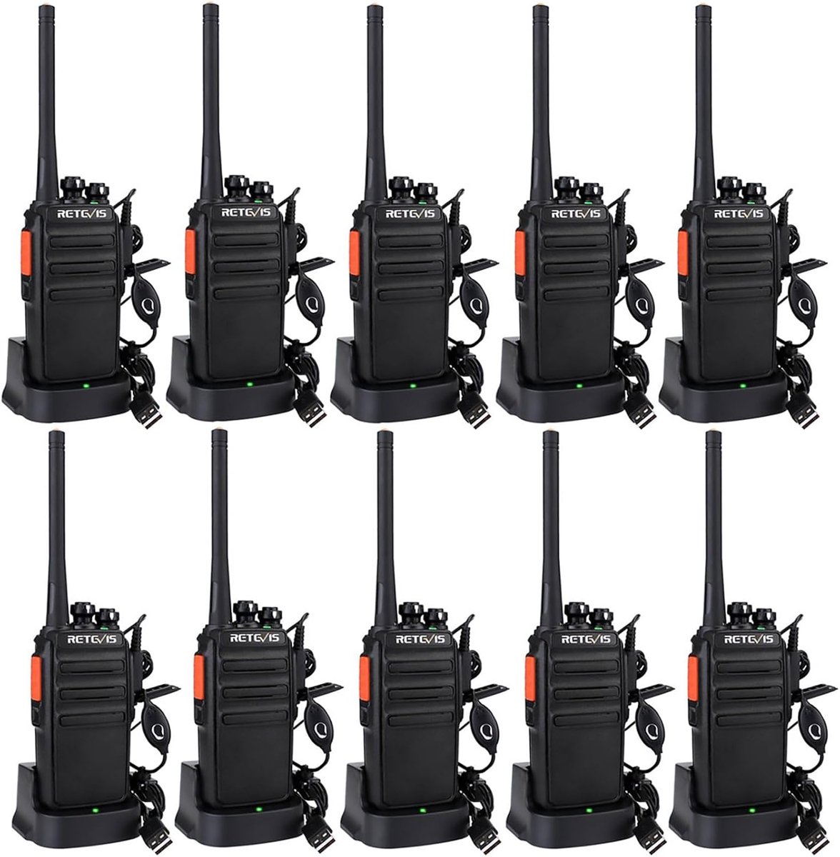 Portofoonset voor beveiliging Retevis RT24- Walkie Talkie- PMR446 Vergunningsvrije- VOX- 16 Kanalen- CTCSS/DCS- Professionele Walkie Talkies - met Headset en USB-laadstation-10 Stuks - Zwart