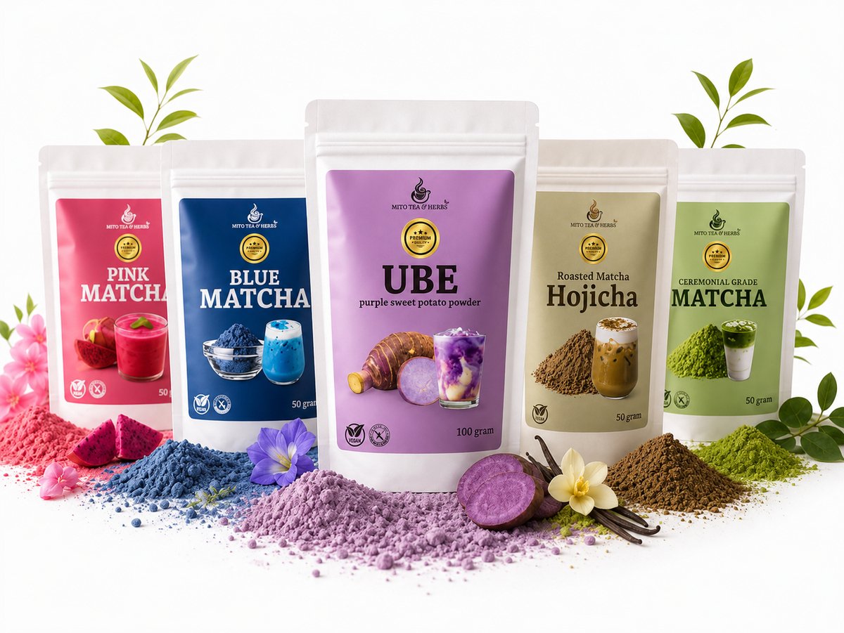 Mito Matcha 5pack - Ultra boosterpack - Matcha - Blue Matcha - Pink Matcha - UBE - Hojicha - Matcha latte - Matcha poeder