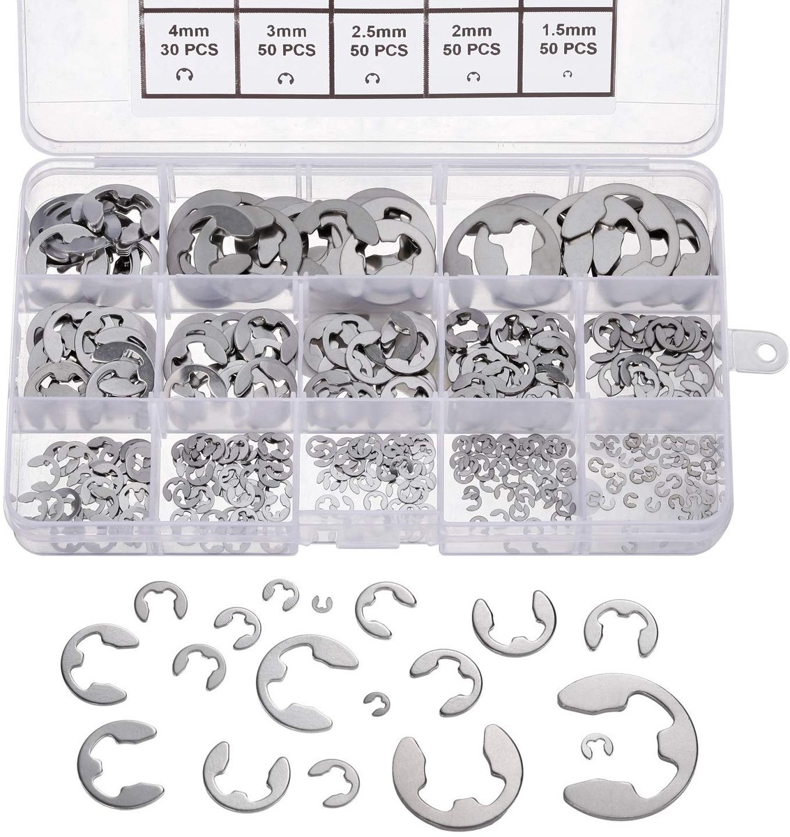 Dailygoods- E-ringen set 400 stuks - Borgringen assortiment - Roestvrij staal - Diverse maten 1,5/2/2,5/3/4/5/6/7/8/9/10/12/15 mm - Voor automotive gebruik - Duurzaam en praktisch