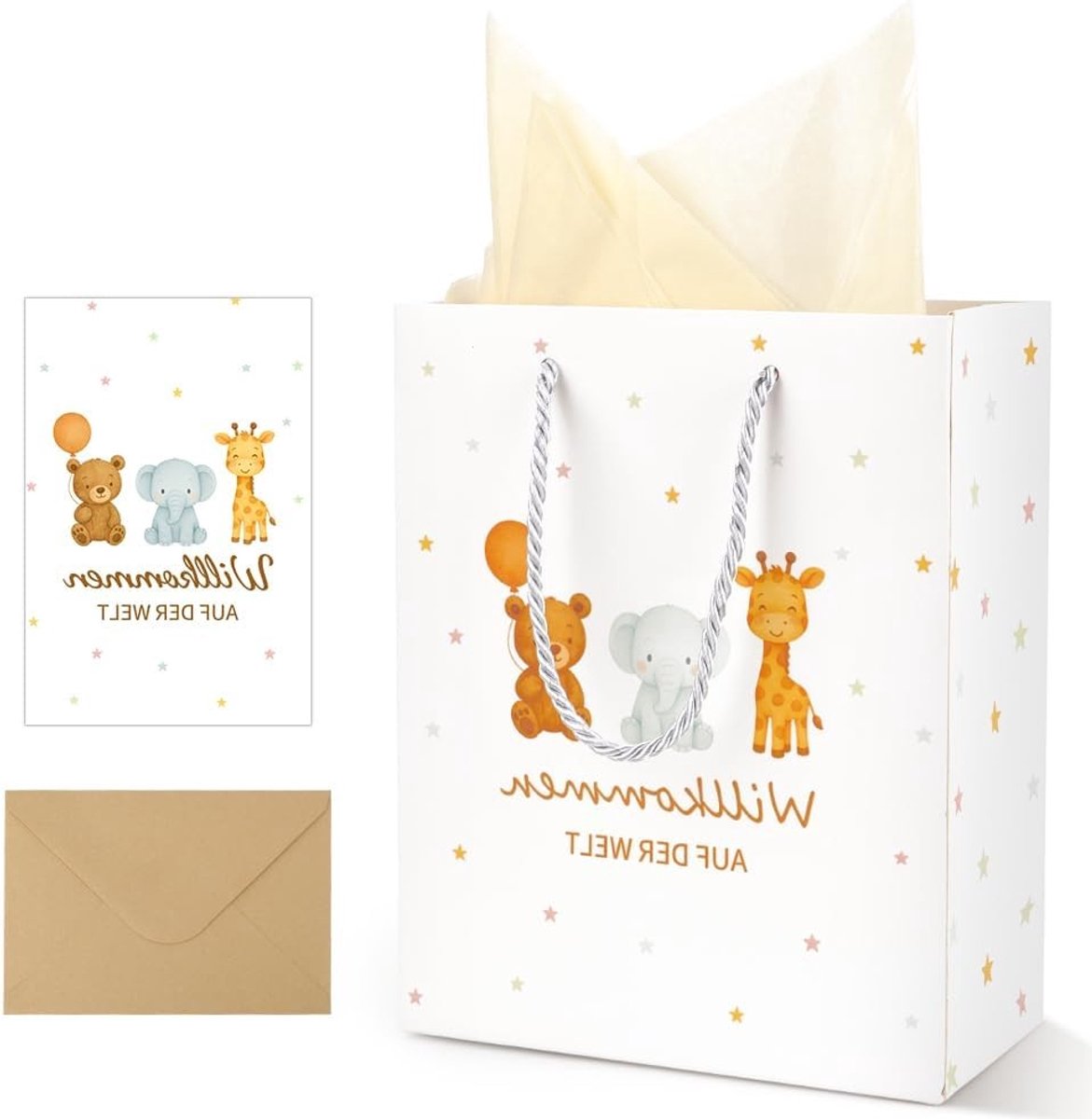 Cadeauzakje voor geboorte jongen of meisje met handvat "Welkom in de wereld" voor babyshower, feestelijke verpakking en geschenkidee voor pasgeborenen