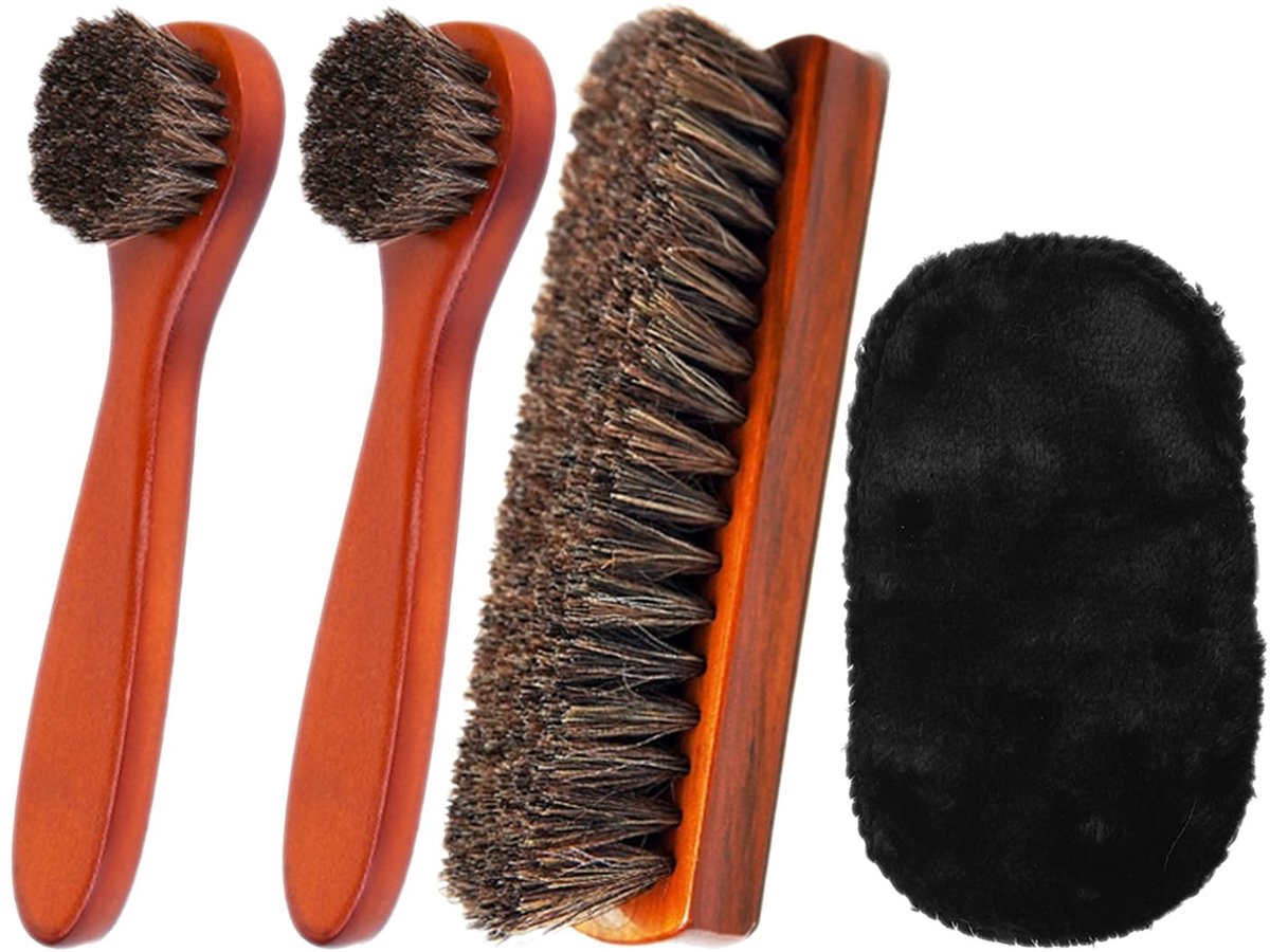 Dailygoods- Schoenborstels Set van 4 - Paardenhaarborstels - Glanzende Polijstborstel - Schoenpoetshandschoenen - Duurzaam Lotushout - Geschikt voor alle soorten schoenen - Schoenpoetsset