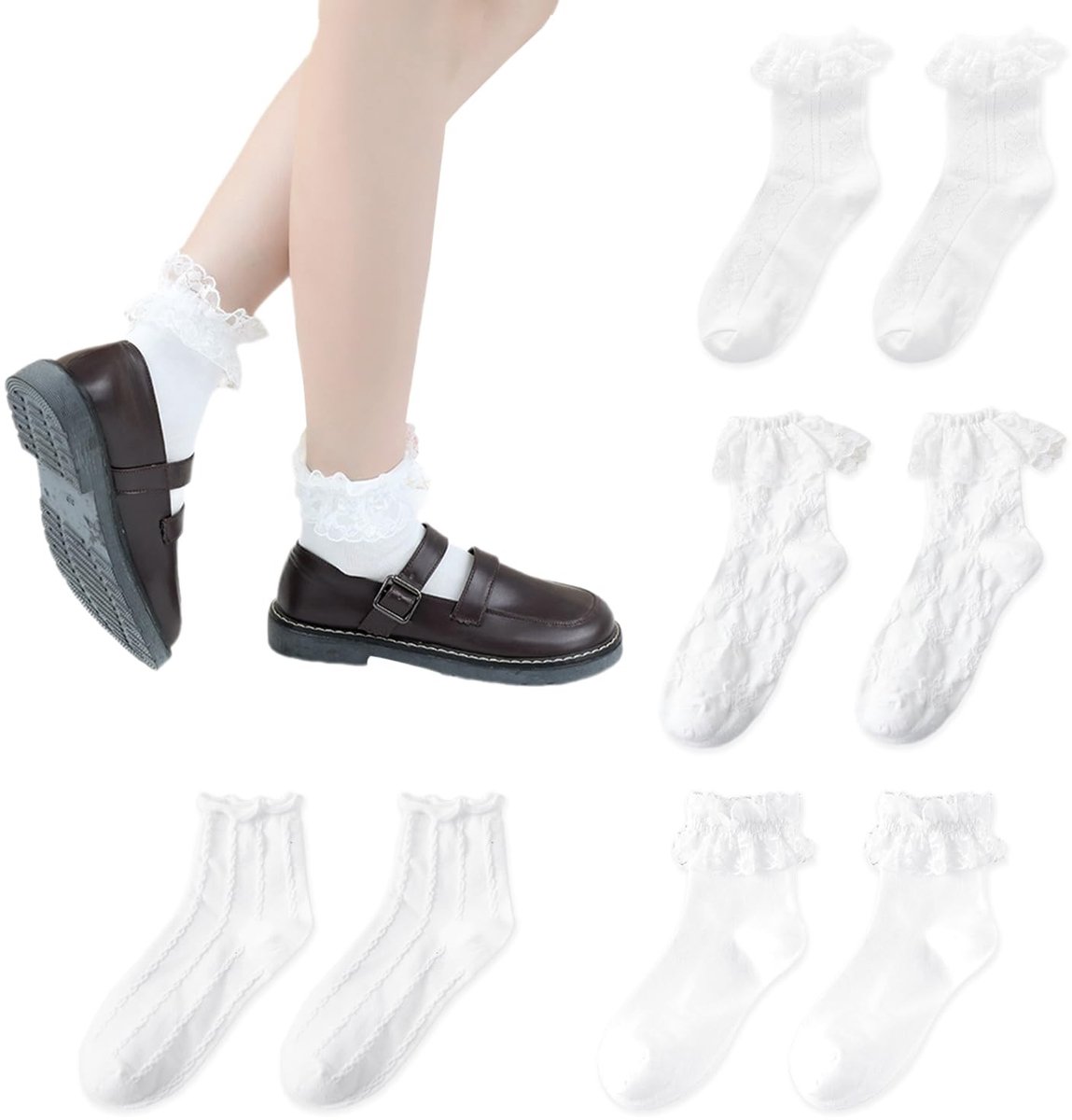 Dailygoods- Damessokken 4 Paar - Kanten Sokken met Ruches - Enkelsokken - Balletsokken - Ademend Katoen - Antislip
