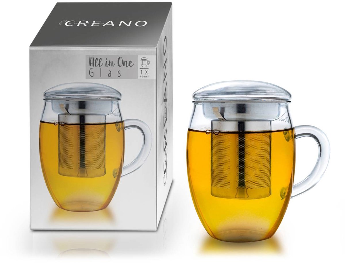 Creano theeglas alles in één 400ml, grote theekop met roestvrijstalen zeef en glazen deksel om losse thee en kruiden thee in te maken.